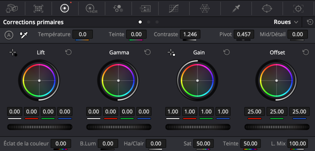 Panneau de correction primaire : Contraste, Lift, Gamma, Gain, Ofeset... - étalonnage
